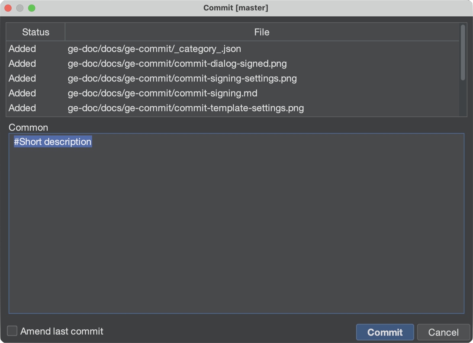 Commit dialog with template