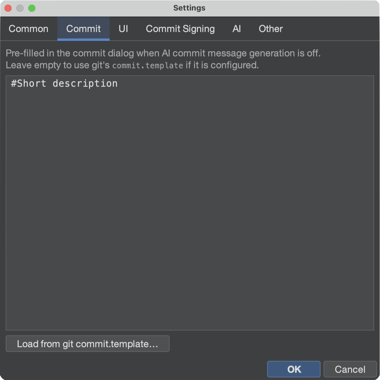 Commit template in Settings