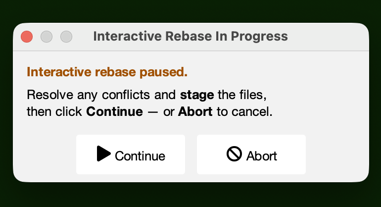 Continue/Abort rebase dialog