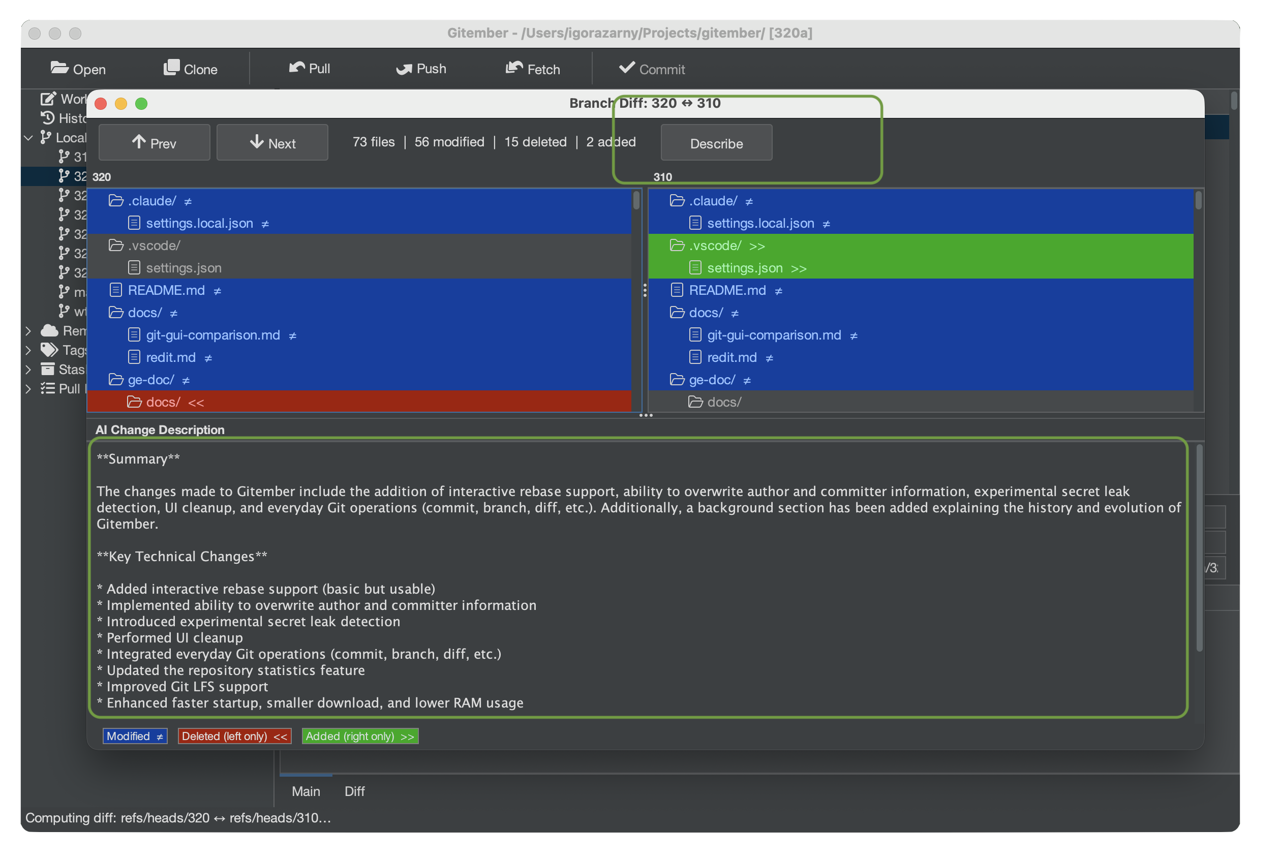 Gitember workspace dashboard showing branch, status, modified, ahead and behind for every repository