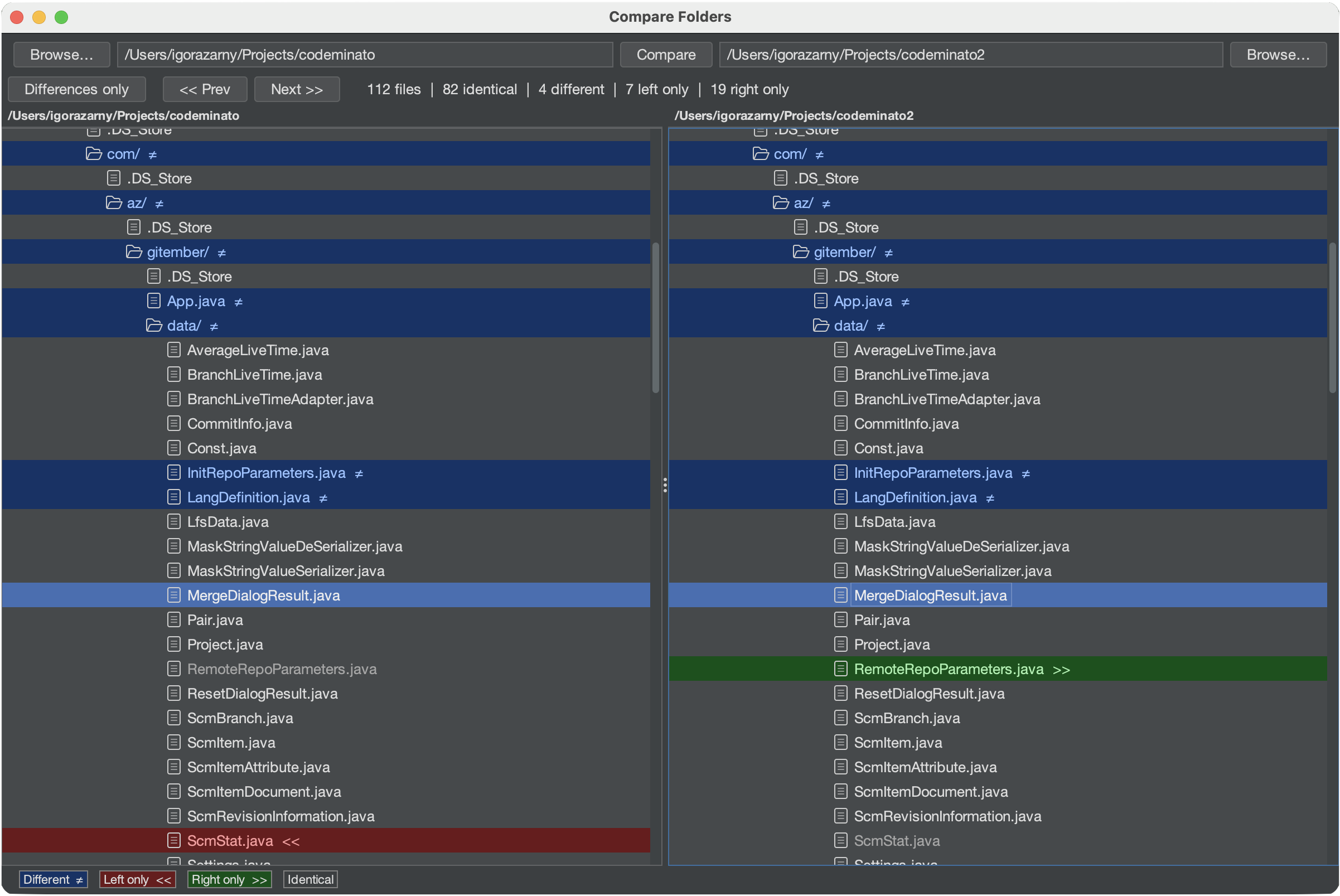 Gitember folder comparison tool screenshot