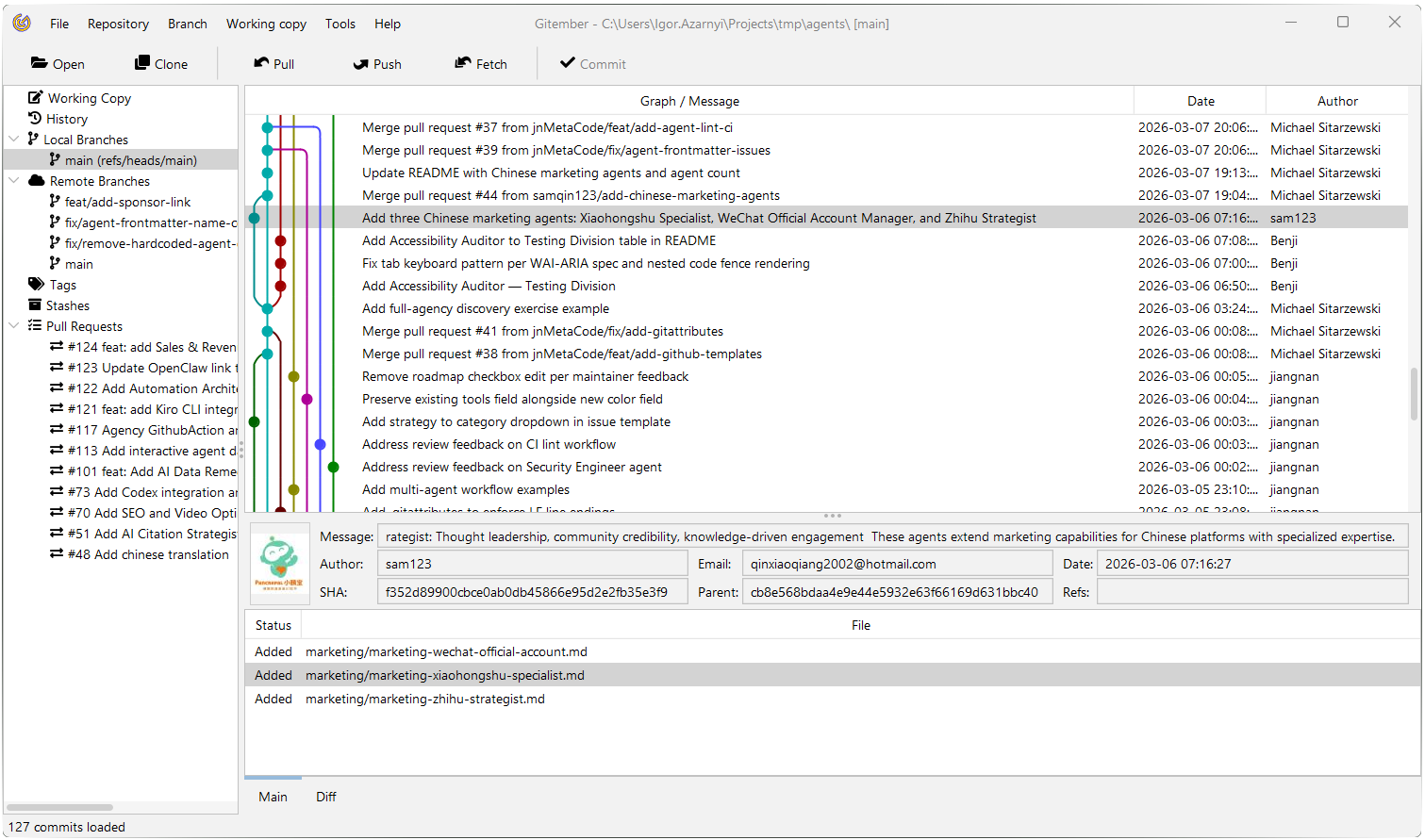 Gitember Git GUI client main window screenshot