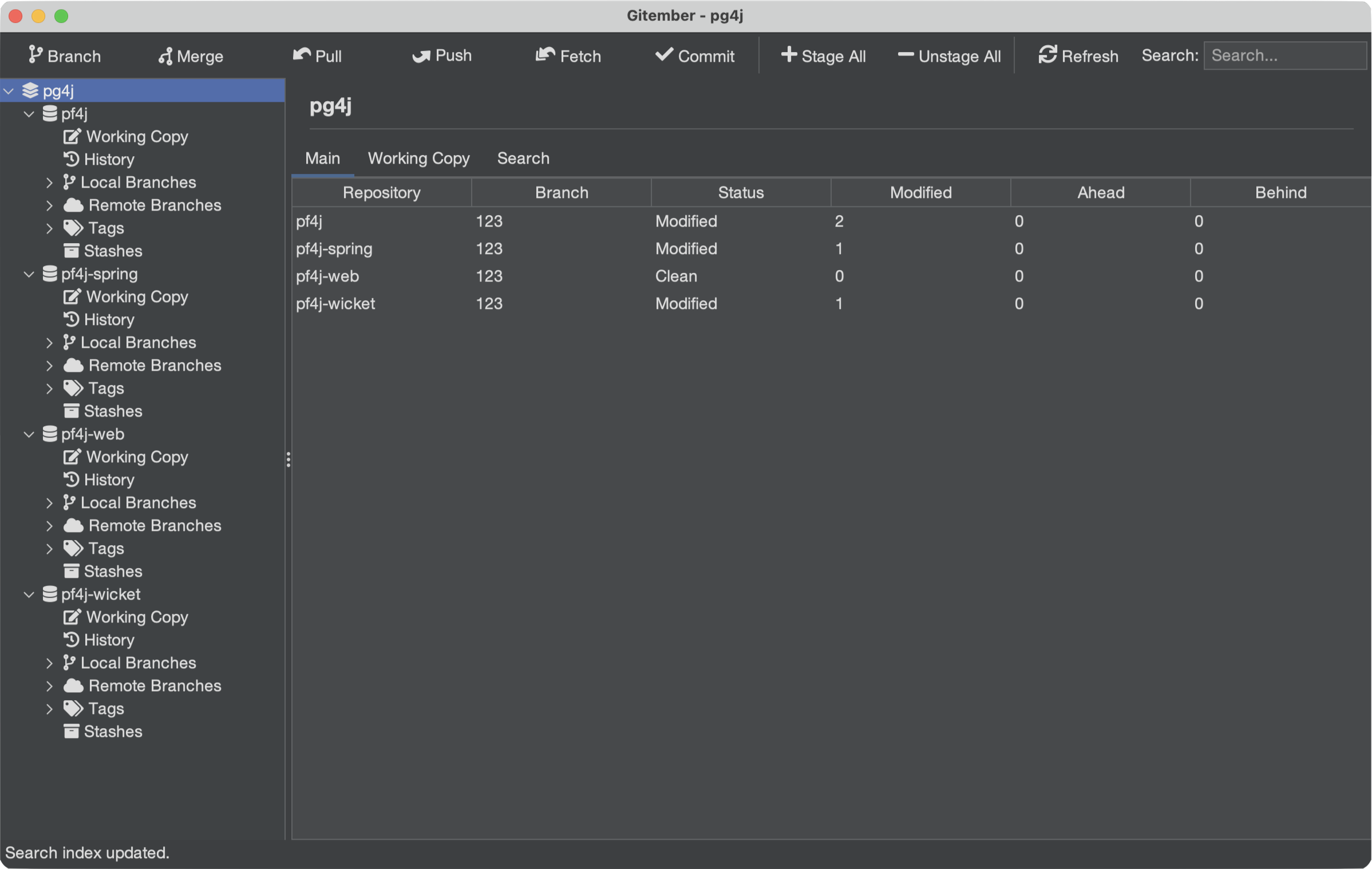 Workspace dashboard: branch, status, modified, ahead and behind for every repository