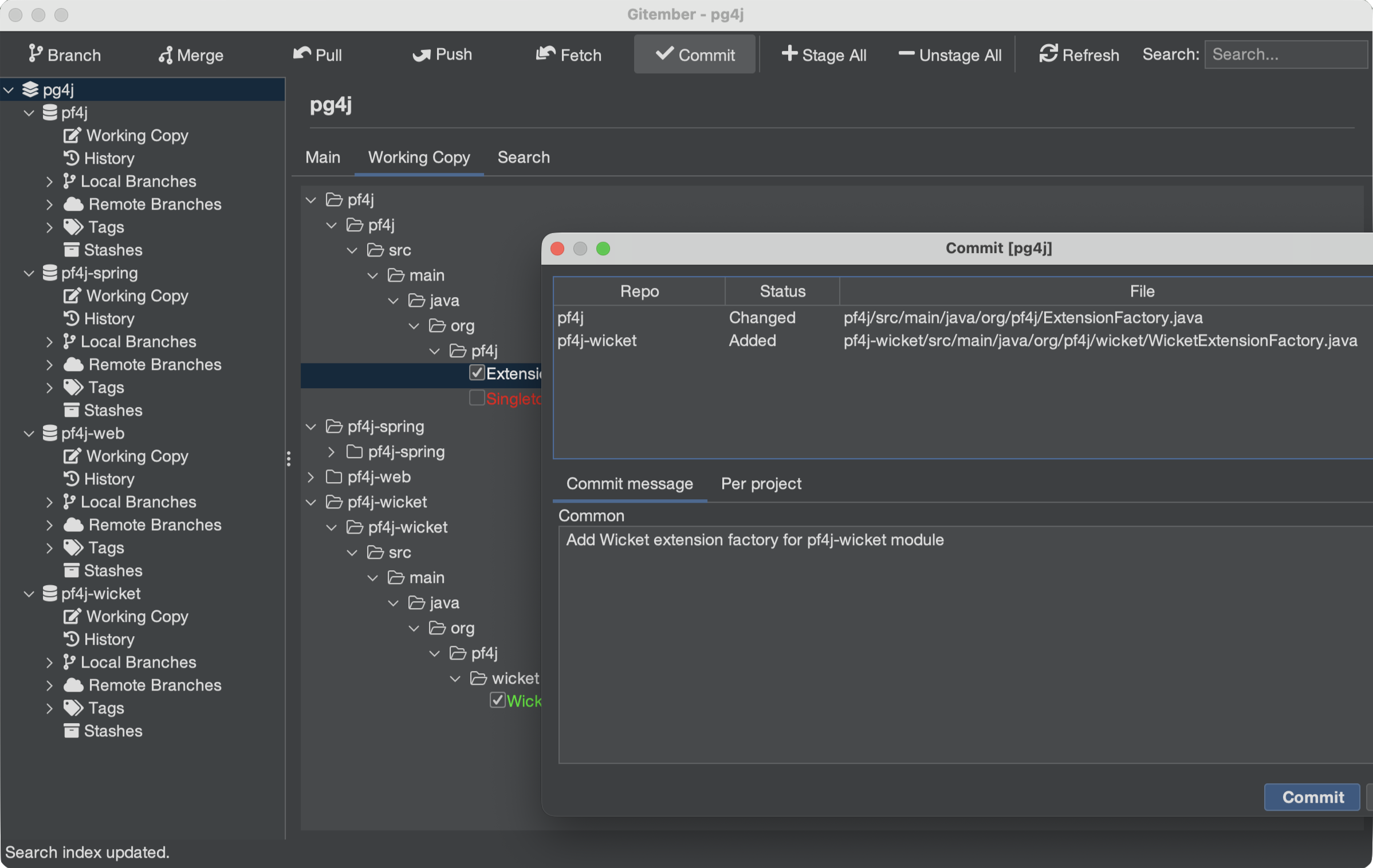 Commit dialog showing staged files from several repositories with a common commit message